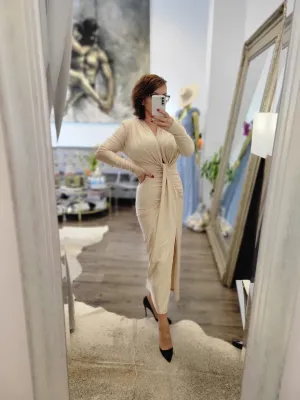 CHAMPAGNE MIDI FIT DRESS WITH FRONT RUSHING