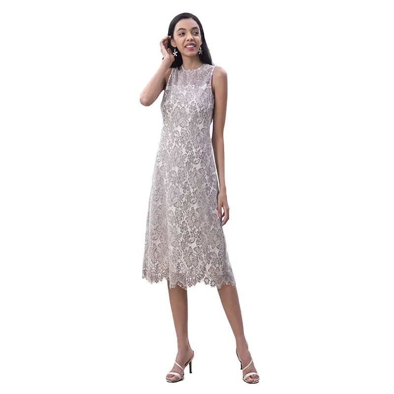 D098-3 Women Two-tone floral eyelash lace sleeveless straight-cut day and party midi dress
