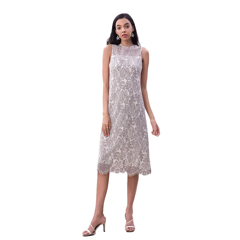 D098-3 Women Two-tone floral eyelash lace sleeveless straight-cut day and party midi dress
