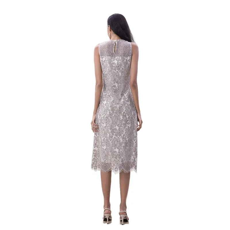 D098-3 Women Two-tone floral eyelash lace sleeveless straight-cut day and party midi dress