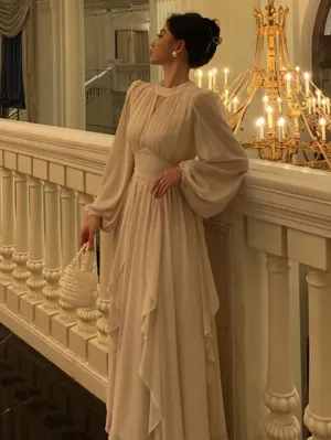 Elegant Ruffles Midi Dress Women Lantern Sleeve A-line Evening Party Prom Dresses      fg5053