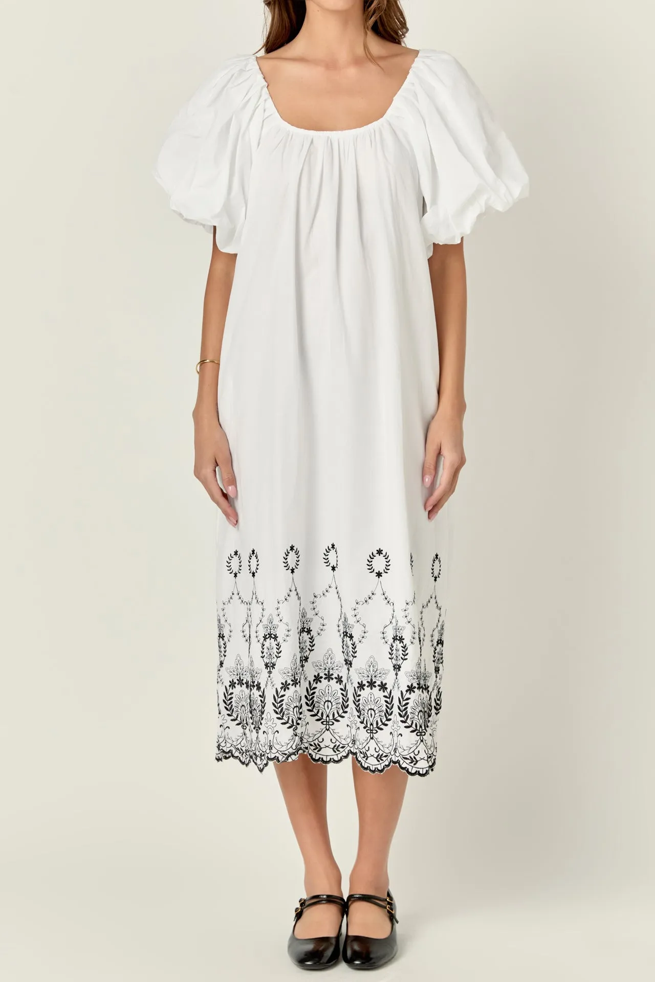 Embroidery Balloon Sleeve Midi Dress
