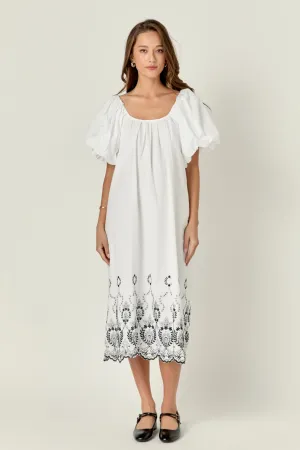 Embroidery Balloon Sleeve Midi Dress