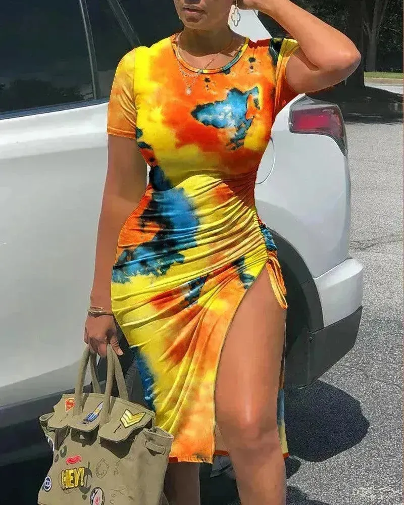 European And American Tie-dyed Printed Sheath Split Lace Elegant Charming Dress For Women