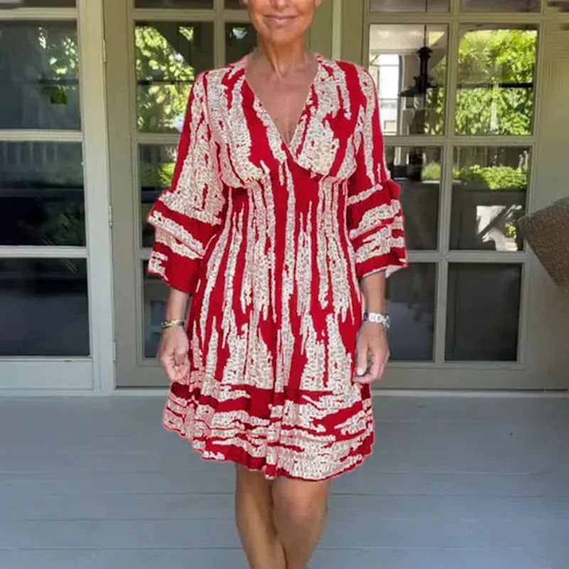 FashionSierra - 2024 Chic Vintage High Waist Slim Flare-Sleeved Midi Boho Dress