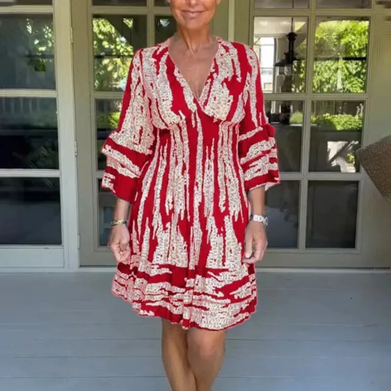 FashionSierra - 2024 Chic Vintage High Waist Slim Flare-Sleeved Midi Boho Dress