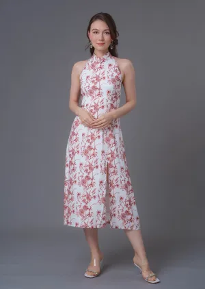 Floral Print Midi Qipao Dress (White/ Red)