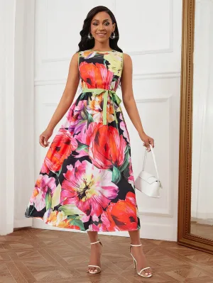 Floral Print Sleeveless Round Neck Midi Dress