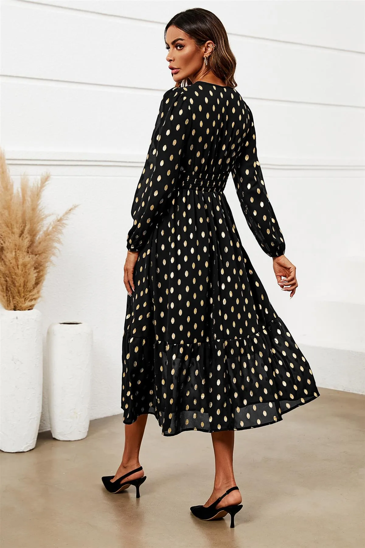 FS Collection Lace Trim Foil Long Sleeve Maxi Dress In Black