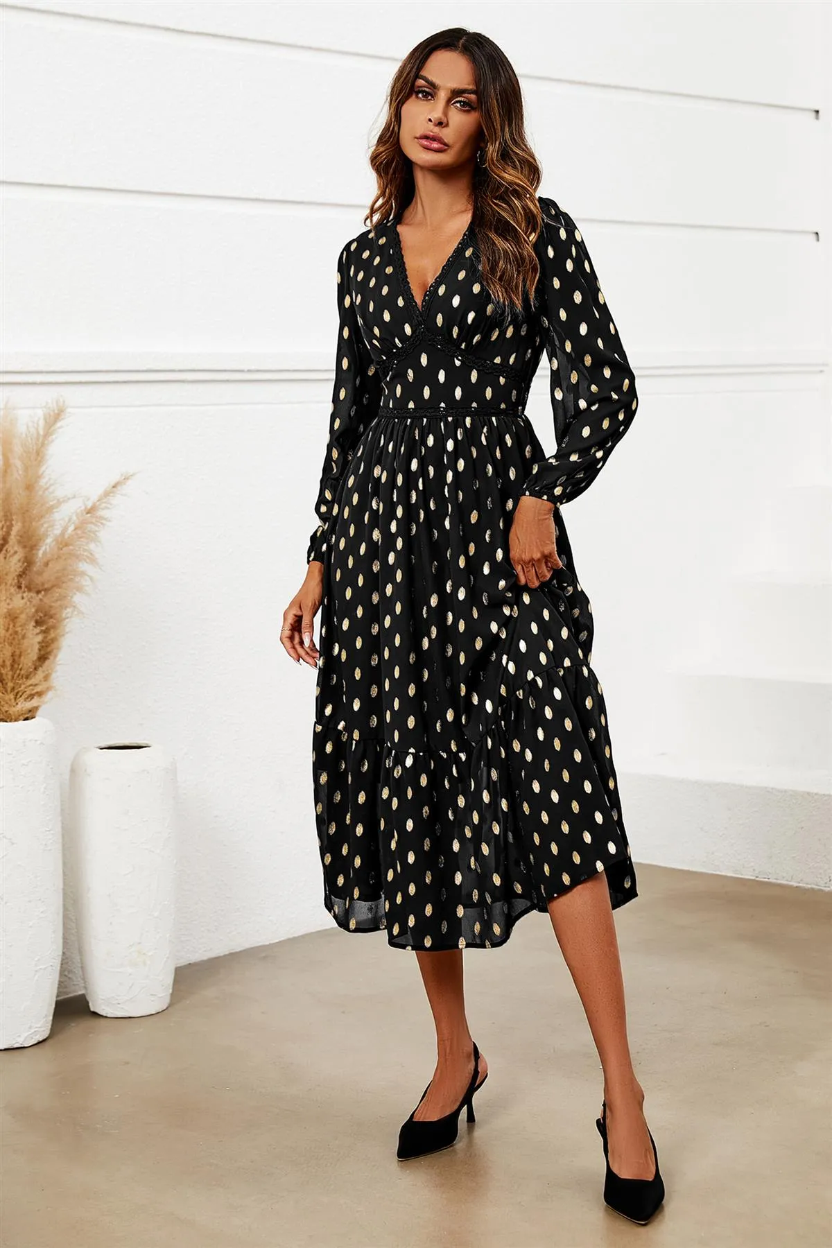 FS Collection Lace Trim Foil Long Sleeve Maxi Dress In Black