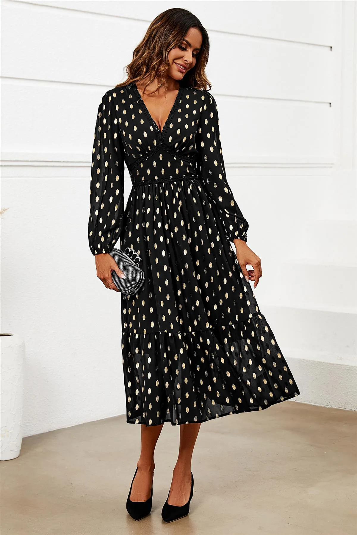 FS Collection Lace Trim Foil Long Sleeve Maxi Dress In Black
