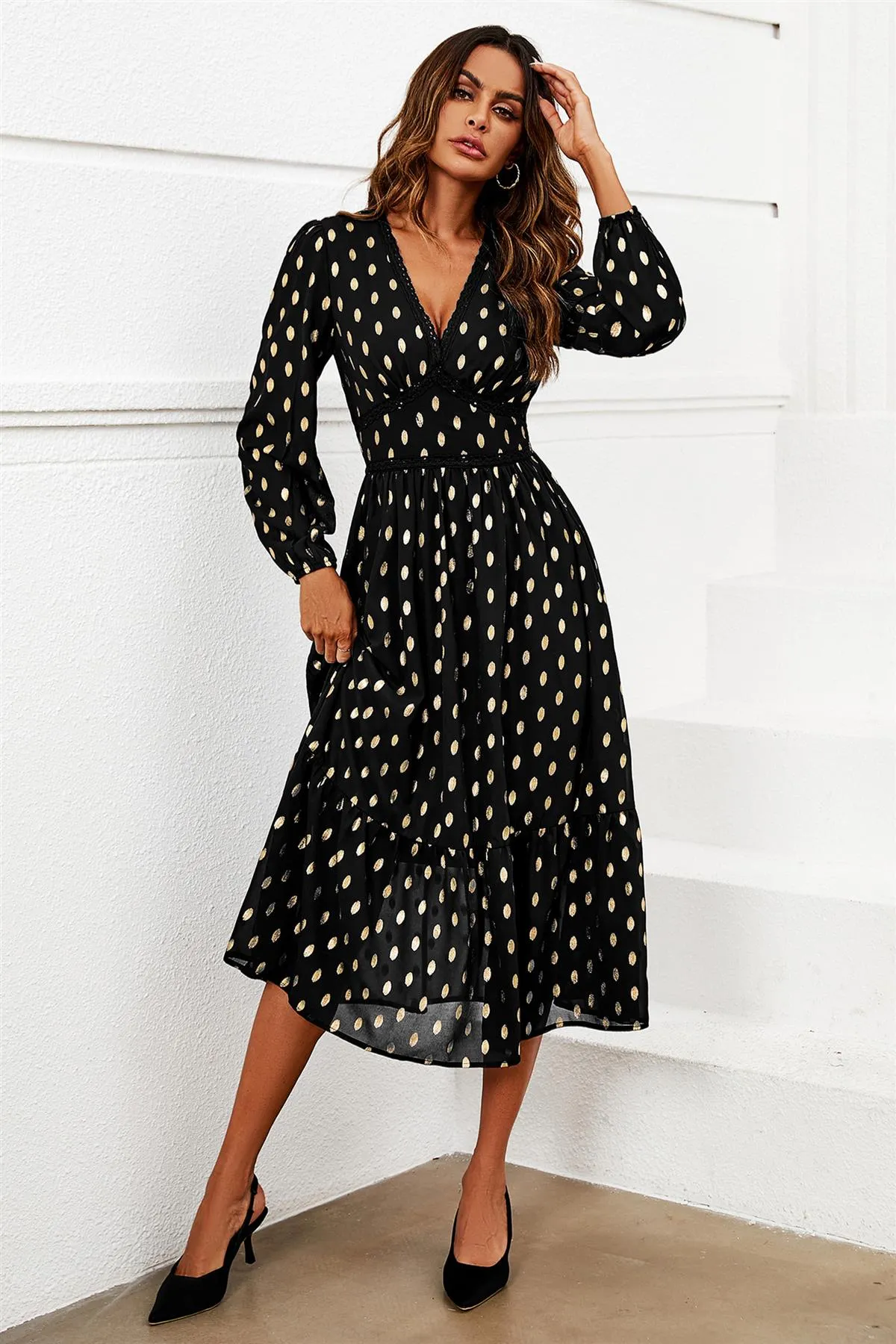 FS Collection Lace Trim Foil Long Sleeve Maxi Dress In Black