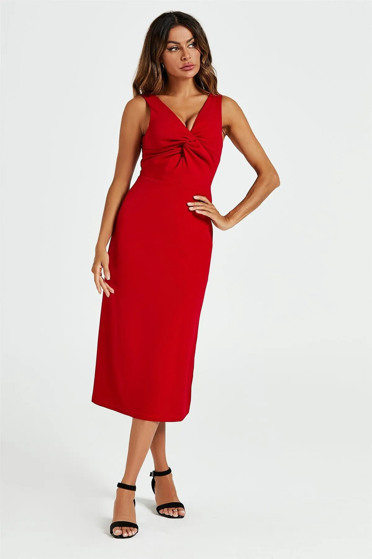 FS Collection V Neck Knot Front Midi Dress In Red