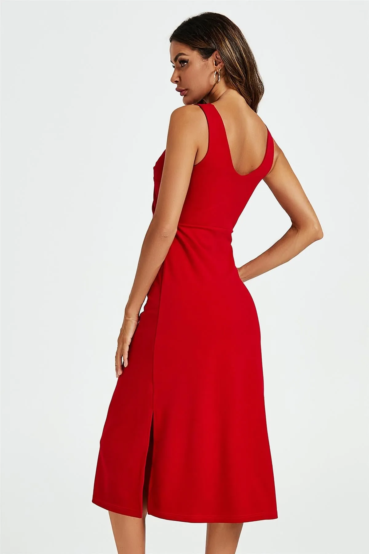 FS Collection V Neck Knot Front Midi Dress In Red