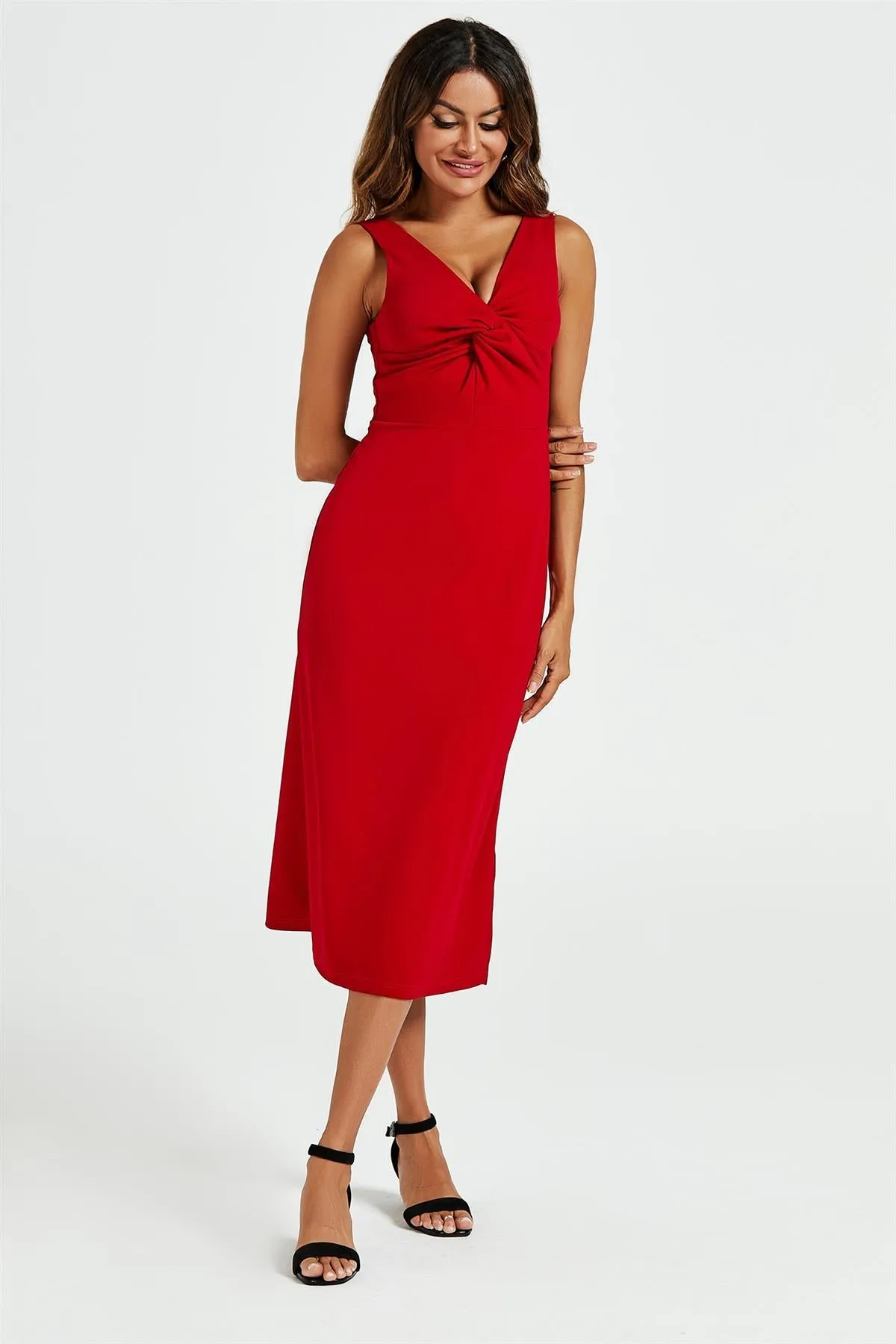 FS Collection V Neck Knot Front Midi Dress In Red