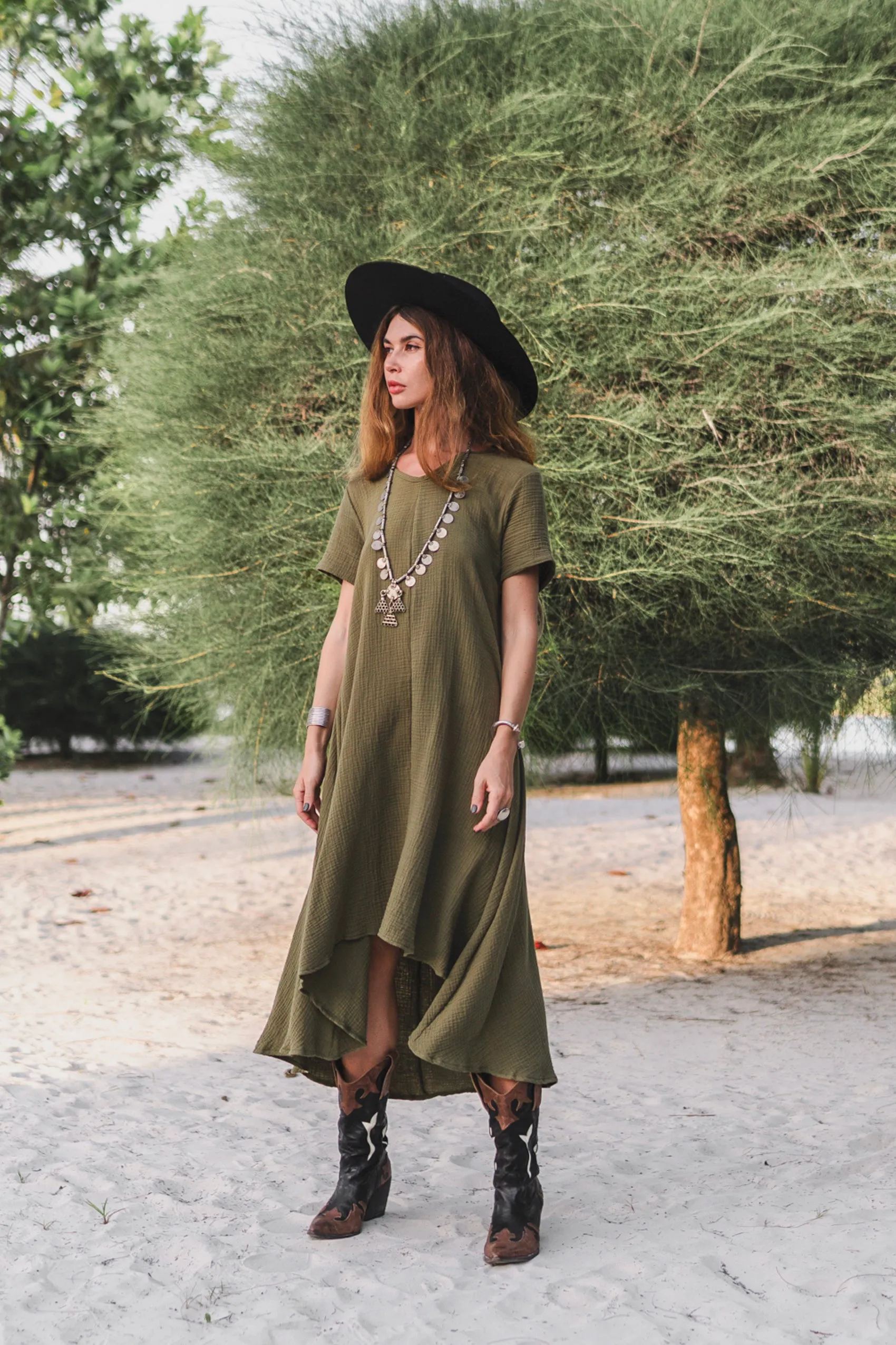 Gauze Cotton Dress Rhea Olive