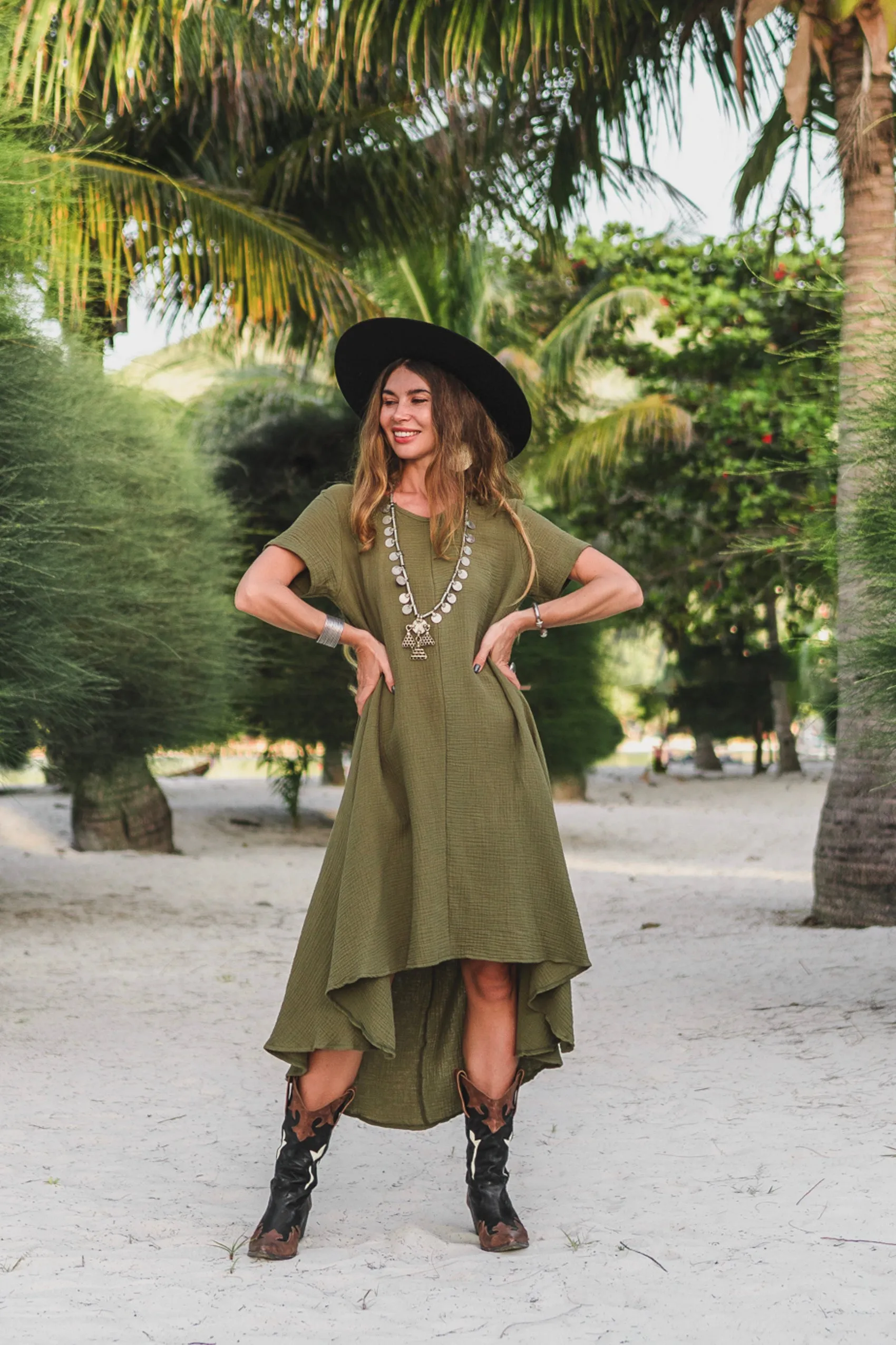 Gauze Cotton Dress Rhea Olive