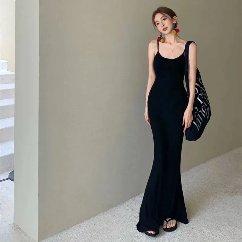 Girlary 100% Cotton Black Camis Dress Women Y2K Sexy Backless Sleeveless All-Match Midi Dress Female Summer Solid Streetwear Slim Dress