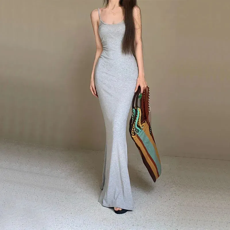 Girlary 100% Cotton Black Camis Dress Women Y2K Sexy Backless Sleeveless All-Match Midi Dress Female Summer Solid Streetwear Slim Dress