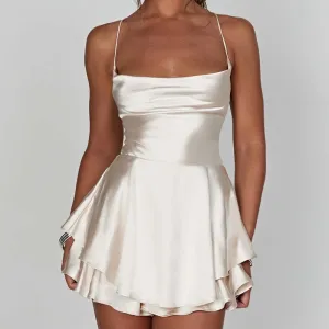Girlary Elegant Satin Backless Tie Up Mini Dress Chic Women Club Party Night Ruffles Layered A-line Dress Vintage Streetwear