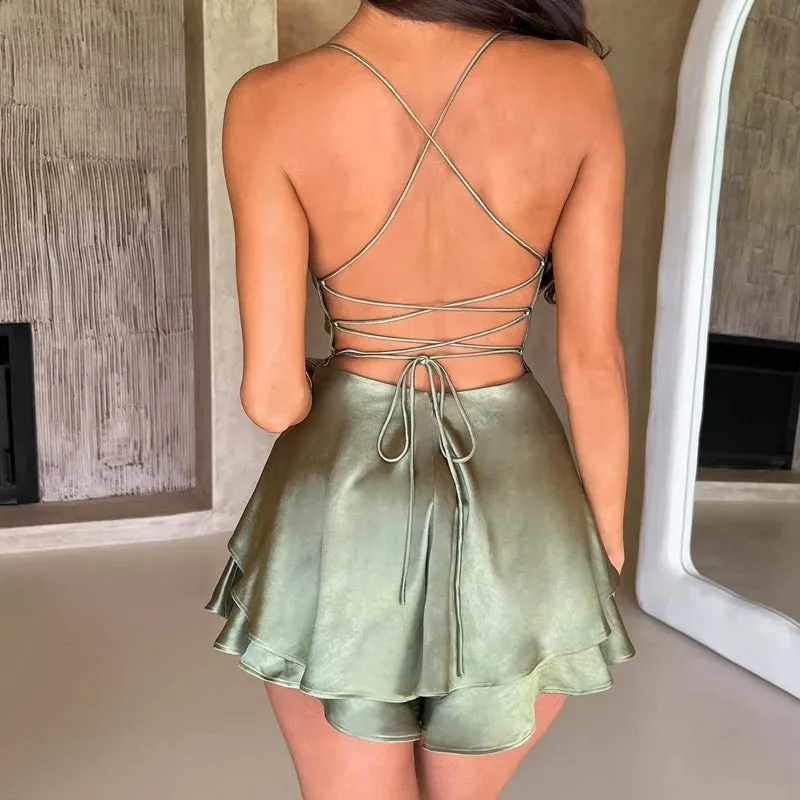Girlary Elegant Satin Backless Tie Up Mini Dress Chic Women Club Party Night Ruffles Layered A-line Dress Vintage Streetwear