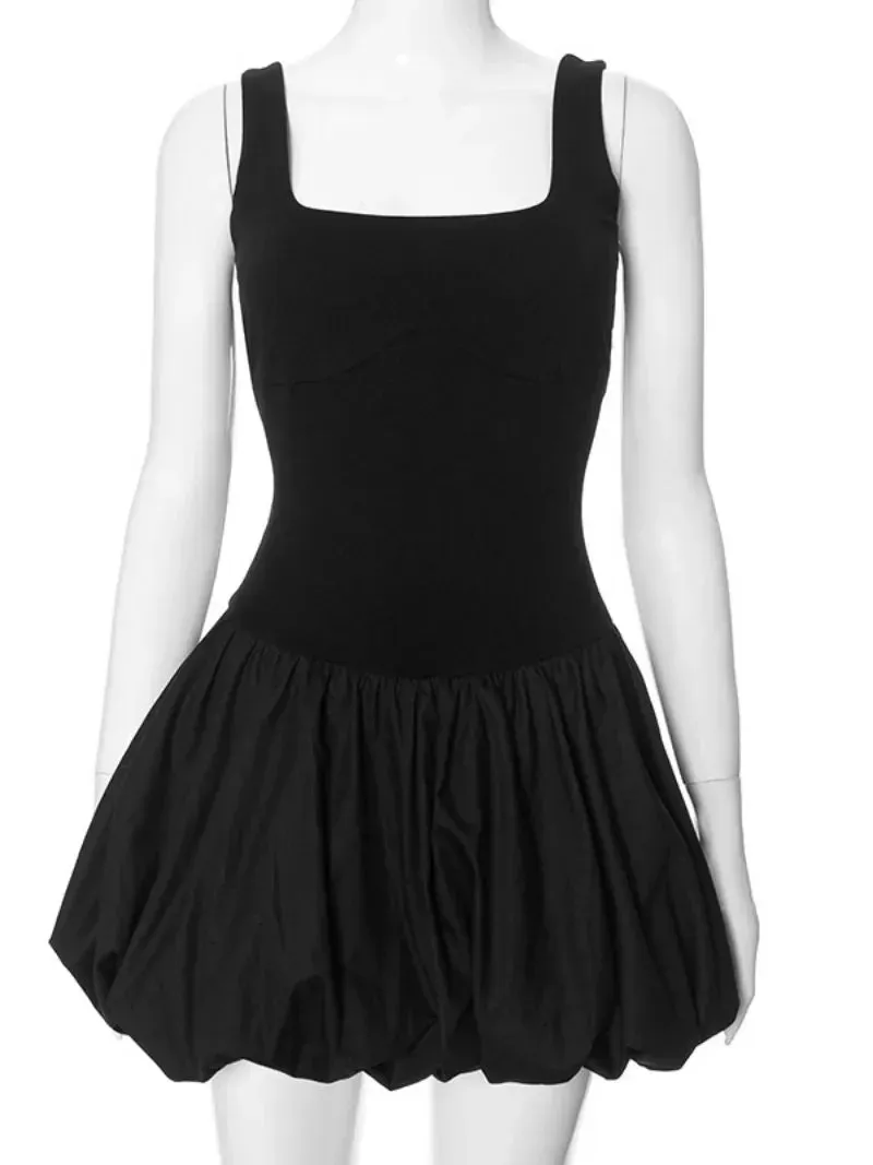 Girlary Fashion Square Collar Sleeveless Short Party Dress 2024 Women High Waist Tunics A-line Backless Ball Gown White Black Streetwear