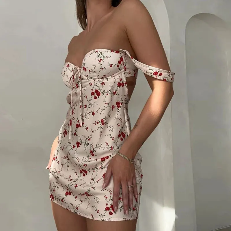 Girlary Floral Print Low Cut Tie Up Mini Dress French Style Chic Women Elegant Backless Party Dress 90s Vintage Streetwear