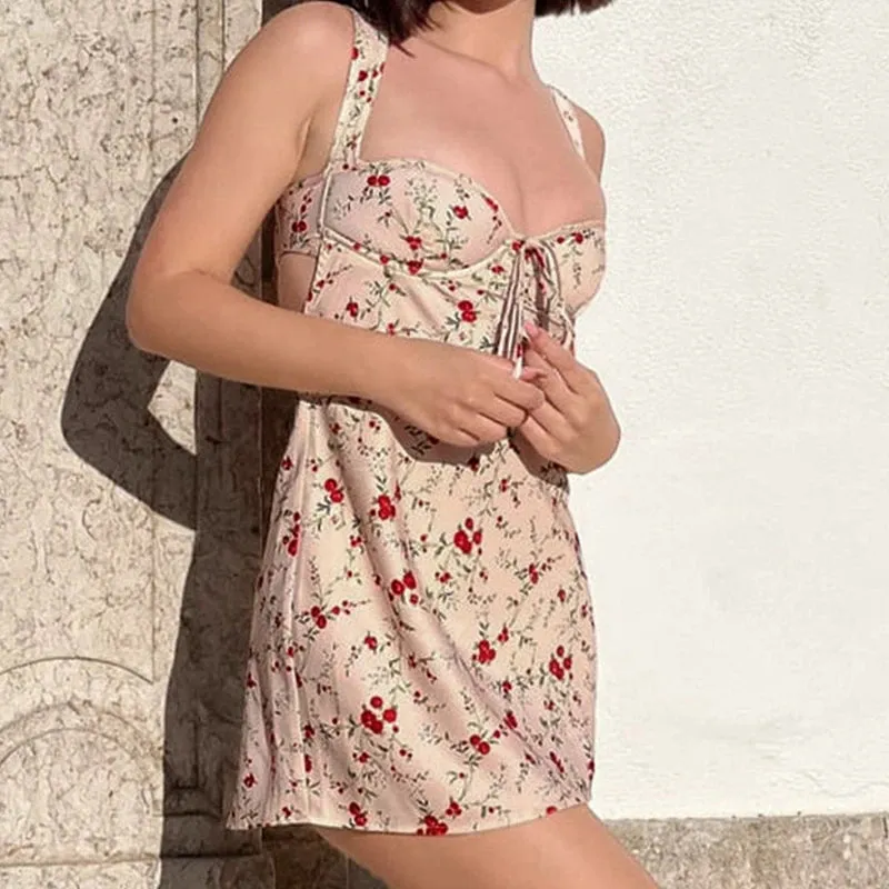Girlary Floral Print Low Cut Tie Up Mini Dress French Style Chic Women Elegant Backless Party Dress 90s Vintage Streetwear