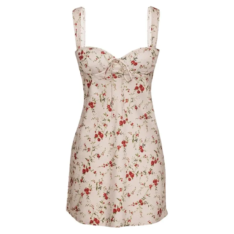 Girlary Floral Print Low Cut Tie Up Mini Dress French Style Chic Women Elegant Backless Party Dress 90s Vintage Streetwear
