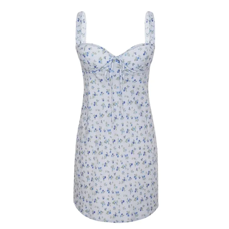 Girlary Floral Print Low Cut Tie Up Mini Dress French Style Chic Women Elegant Backless Party Dress 90s Vintage Streetwear