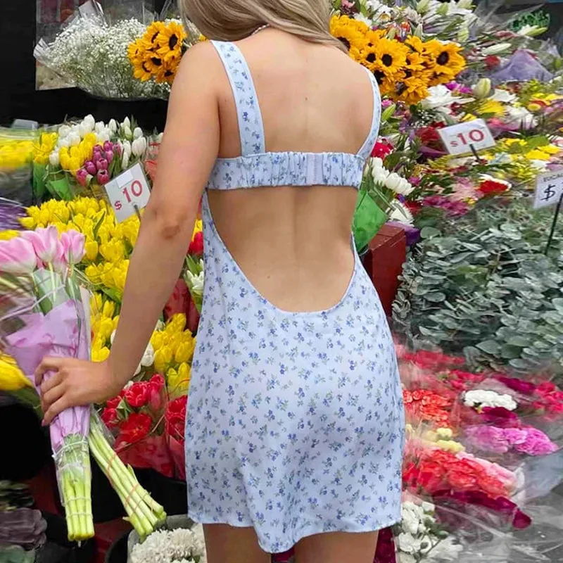 Girlary Floral Print Low Cut Tie Up Mini Dress French Style Chic Women Elegant Backless Party Dress 90s Vintage Streetwear