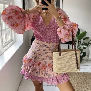 Girlary French Style Cottage Floral Print Mini Dress Women Long Sleeve V Neck Layered Ruffle Dress Cocktail Party Streetwear