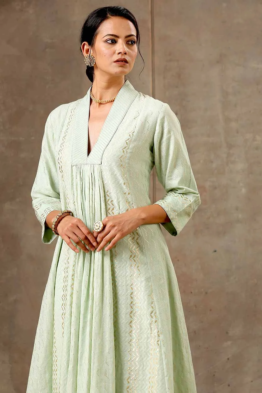 Green Woven Cotton Kurta Set With Dupatta