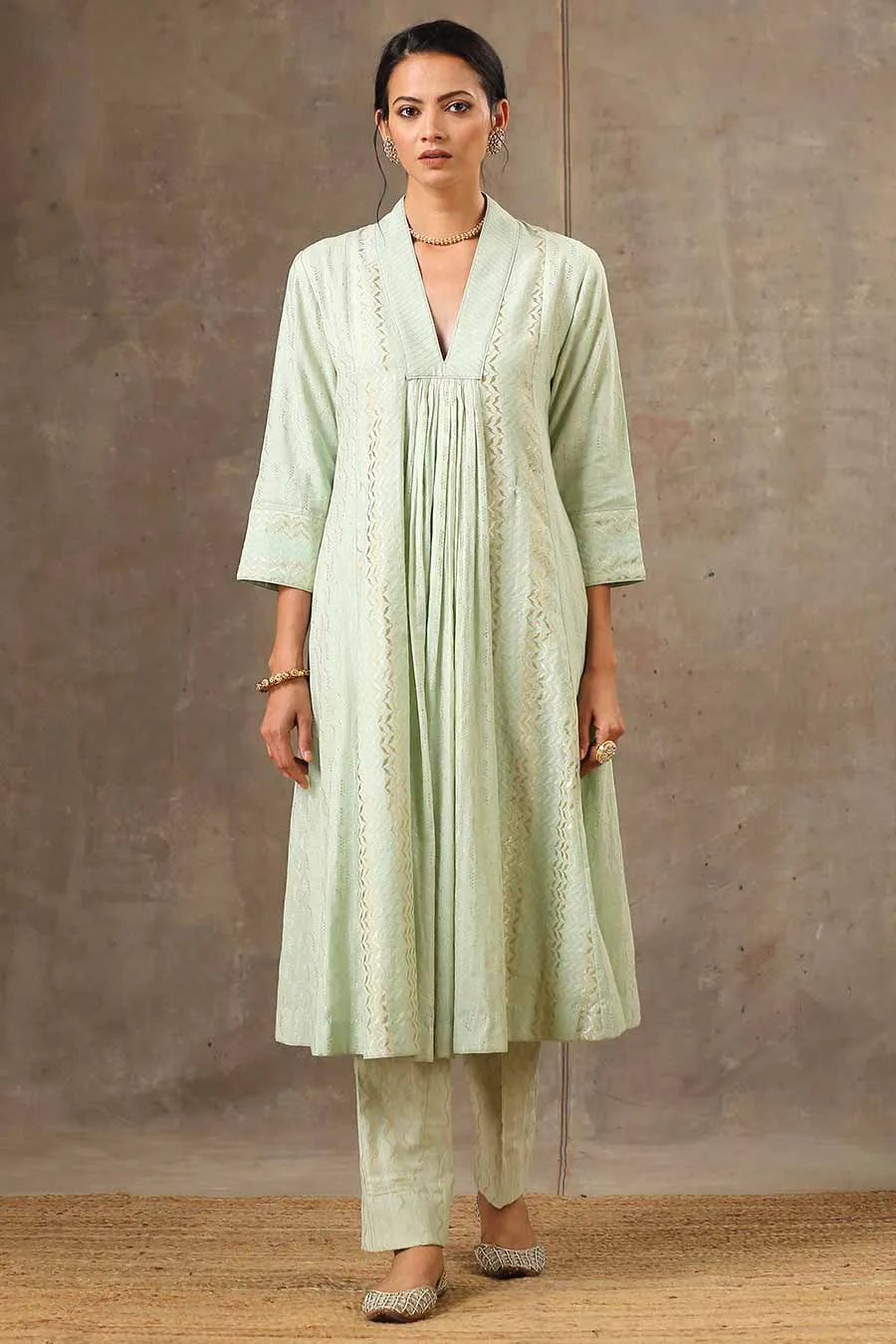 Green Woven Cotton Kurta Set With Dupatta