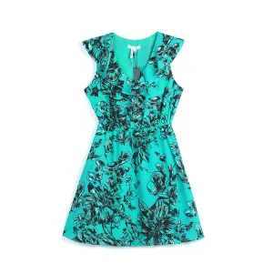 I163 Women floral print ruffle collar sleeveless A-line dress