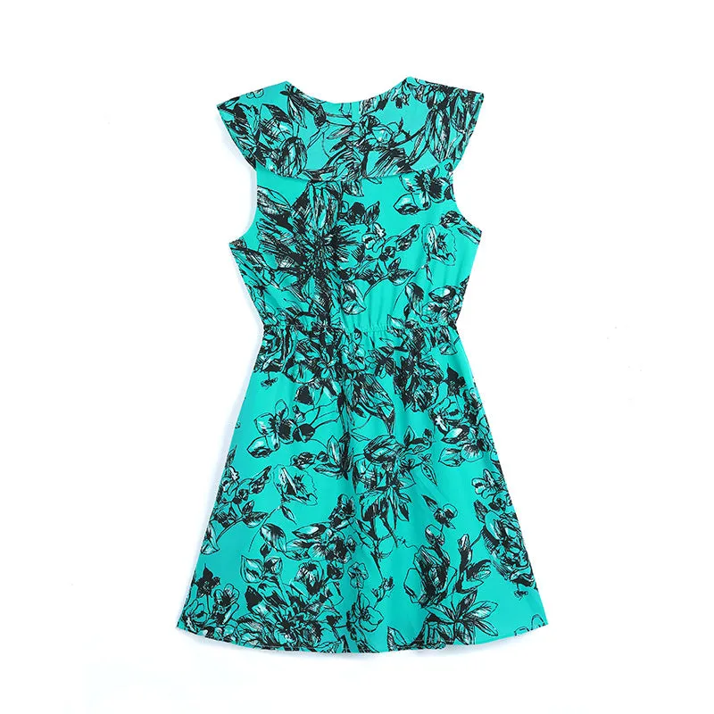 I163 Women floral print ruffle collar sleeveless A-line dress