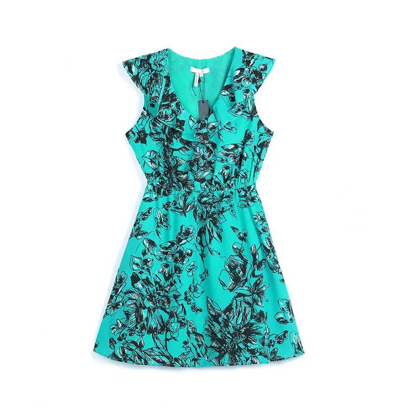I163 Women floral print ruffle collar sleeveless A-line dress