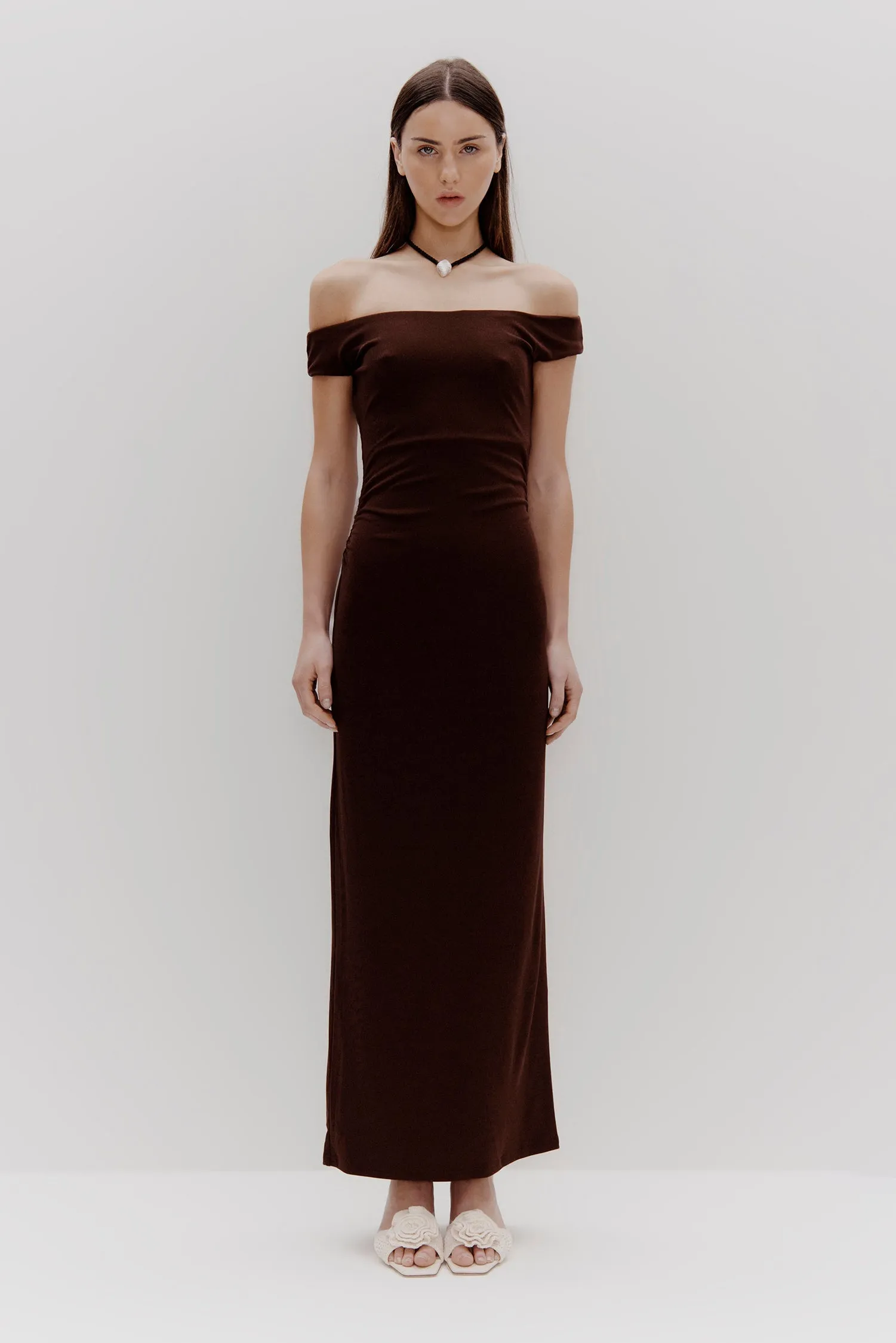 Ines Carob Midi off Shoulder Dress
