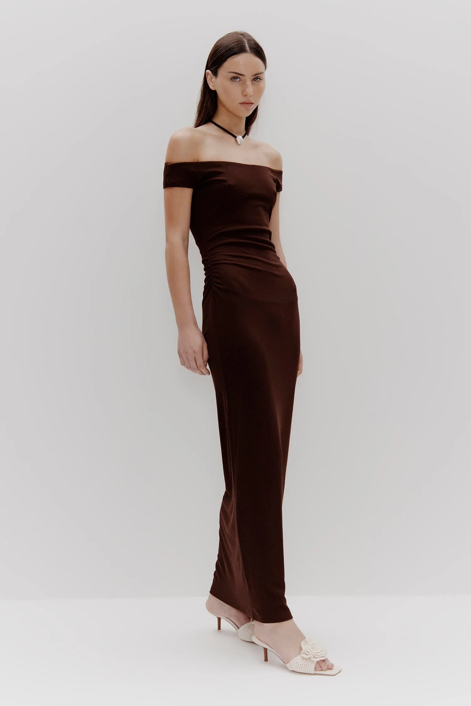 Ines Carob Midi off Shoulder Dress