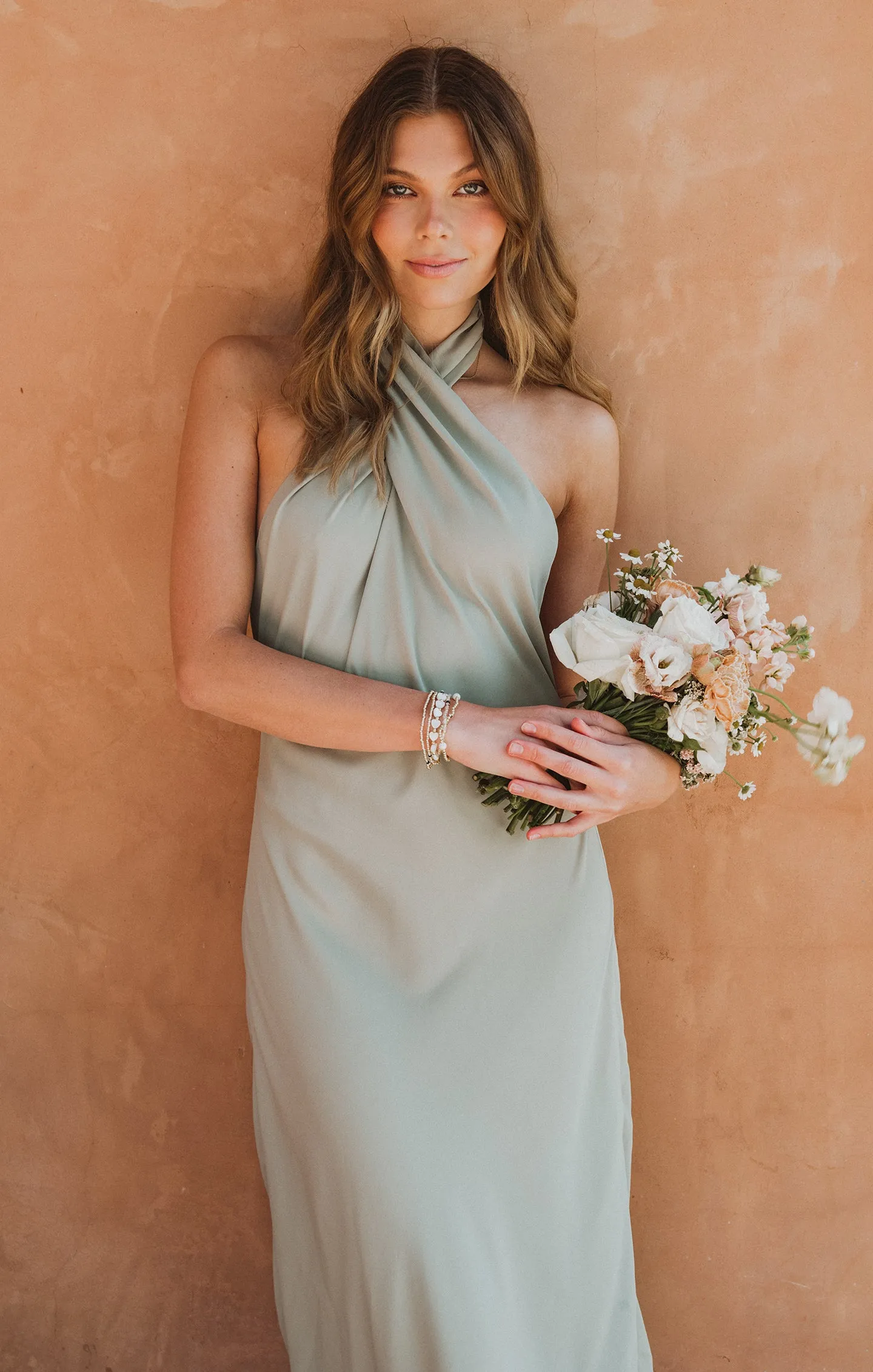 Jasmine Halter Midi Dress ~ Moss Green Crisp