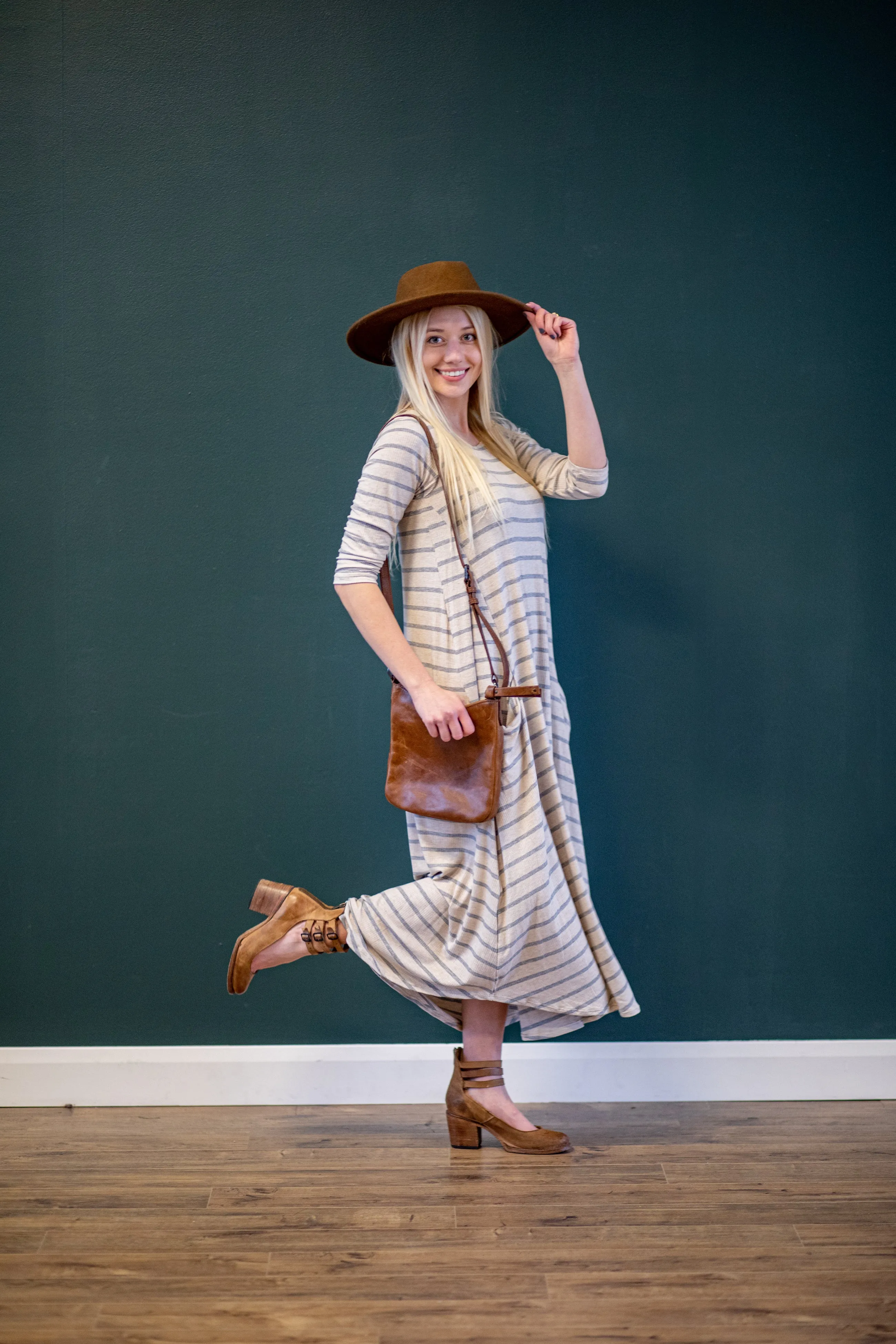 Jessi Dress Oatmeal & Gray Stripe Ribbed