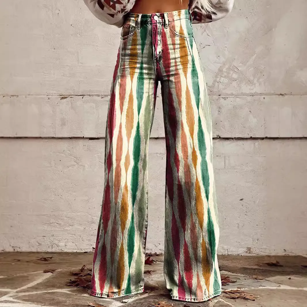 Joskaa 2000s fashion 2024 New 3D Thermal Transfer Flared Pants Simulation Denim Trousers Loose Pants
