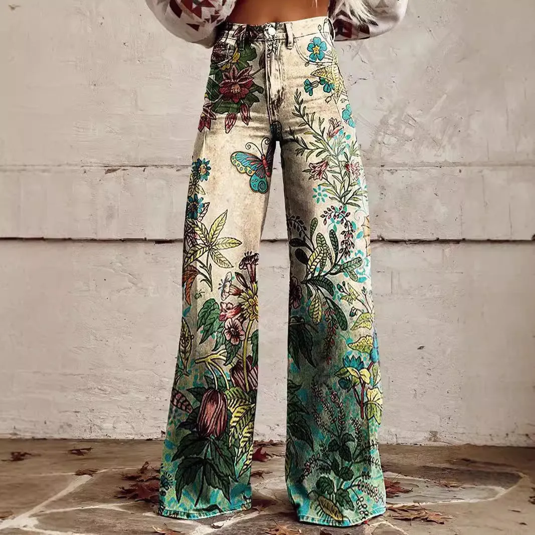 Joskaa 2000s fashion 2024 New 3D Thermal Transfer Flared Pants Simulation Denim Trousers Loose Pants