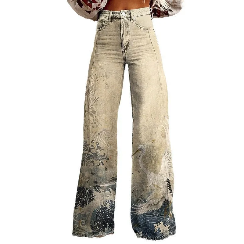 Joskaa 2000s fashion 2024 New 3D Thermal Transfer Flared Pants Simulation Denim Trousers Loose Pants