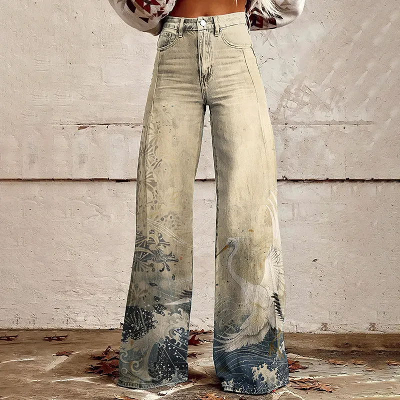 Joskaa 2000s fashion 2024 New 3D Thermal Transfer Flared Pants Simulation Denim Trousers Loose Pants