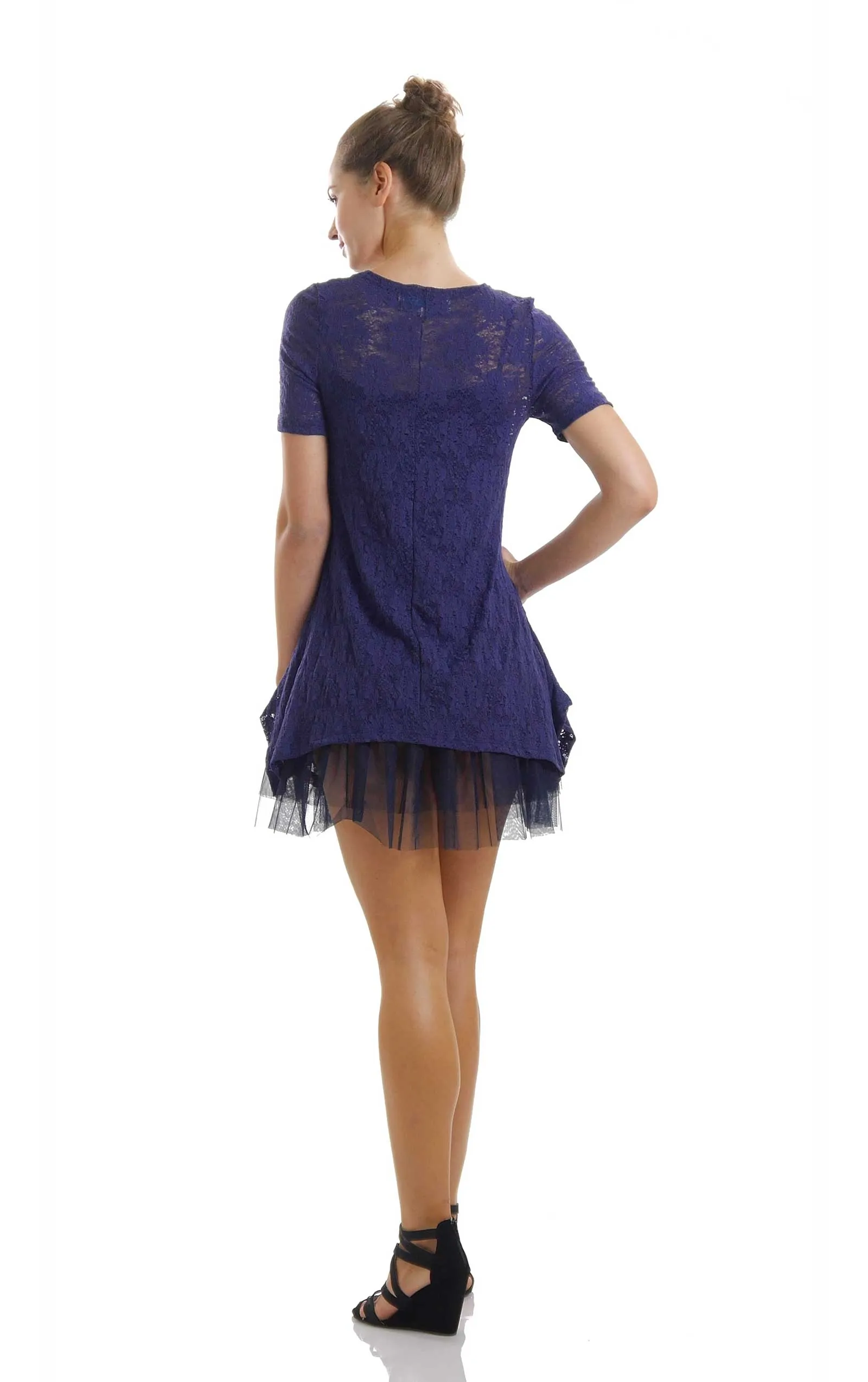 Lace Short Sleeve Dress with Mesh Slip