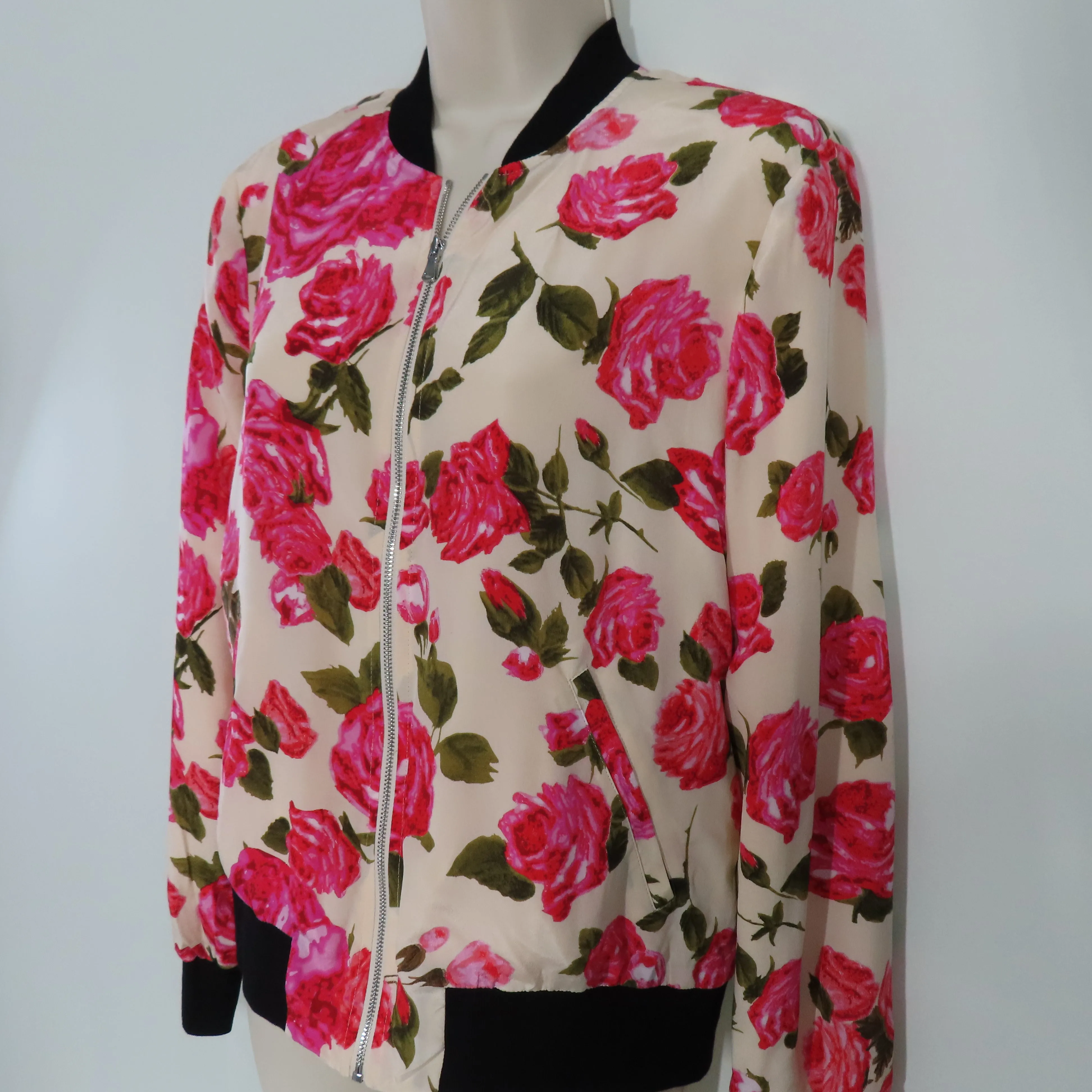 L'AGENCE Ollie Silk Dawn Rosewood Print Full Zip Bomber Jacket XS