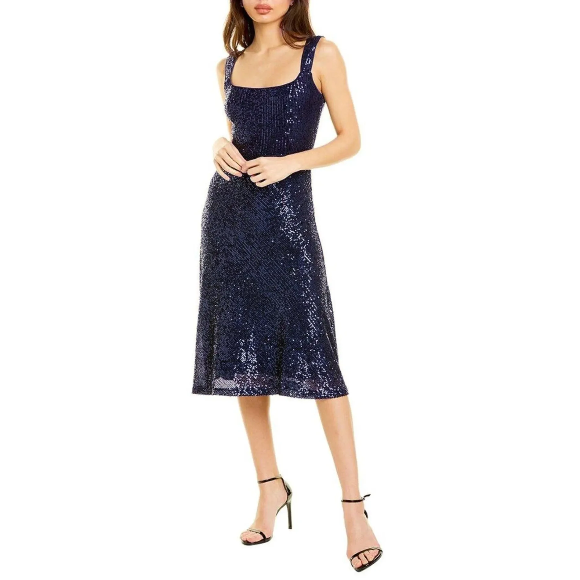 Laundry by Shelli Segal Square Neck Sequin Midi Cocktail Party Midi Dress