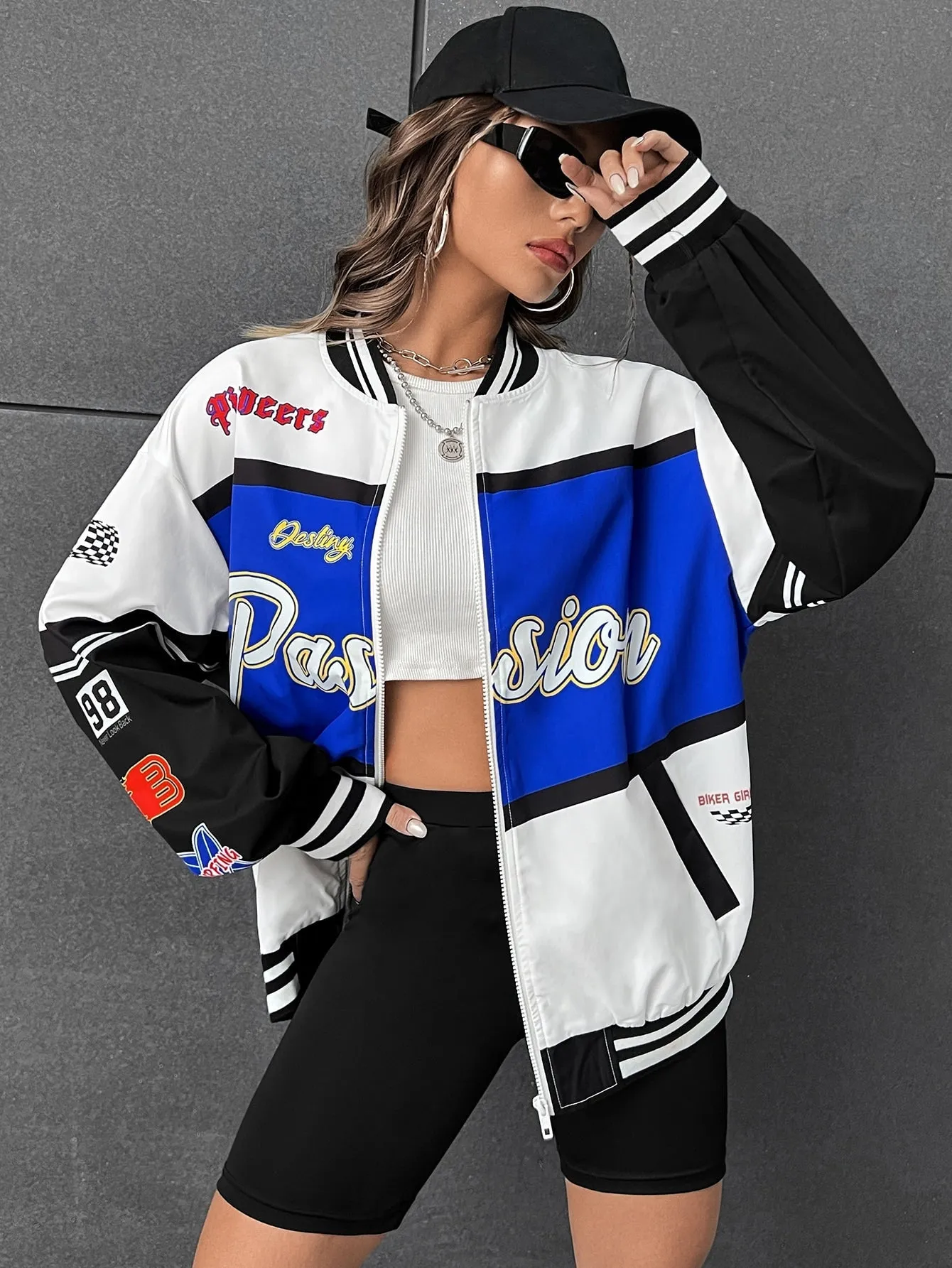 Letter Graphic Colorblock Drop Shoulder Bomber Jacket