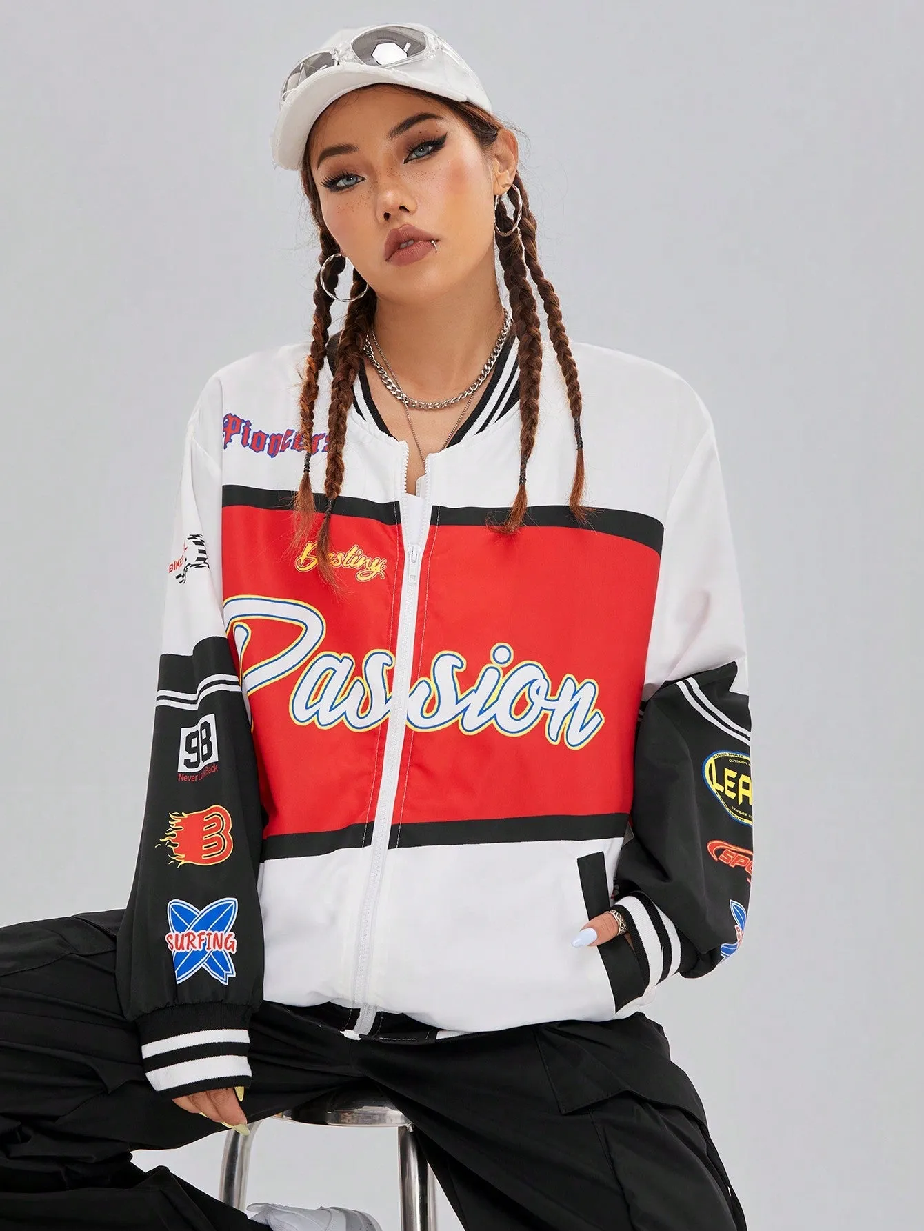 Letter Graphic Colorblock Drop Shoulder Bomber Jacket